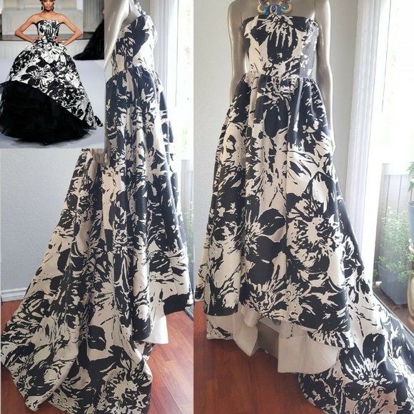 ◇$8,999 OSCAR DE LA RENTA ICONIC FLORAL WHT BLK SILVER RUNWAY GOWN DRESS 4 - Picture 6 of 16